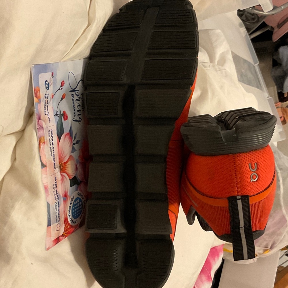 On Running Men’s Athletic Shoes in Bright Orange with Black Soles - Picture 2 of 3